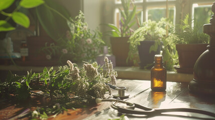With soft lighting casting gentle shadows, the camera pans across the table, showcasing the stethoscope, essential oils, and medical herbs in exquisite detail, inviting viewers int - obrazy, fototapety, plakaty