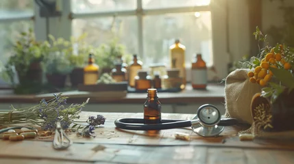 Fotobehang In a tranquil environment suffused with natural light, the camera focuses on the table, capturing the stethoscope, essential oil bottles, and bundles of medical herbs arranged thou © Maksym