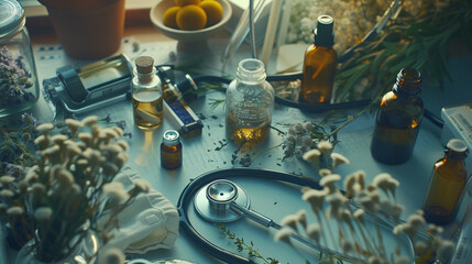 With a cinematic flair, the camera captures the stethoscope, essential oil bottles, and bundles of medical herbs from various angles, their arrangement on the table conveying a sen - obrazy, fototapety, plakaty