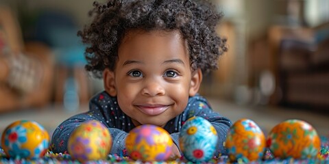 Fototapeta na wymiar Joyful child celebrates Easter with colorful eggs, spreading happiness and fun in the house.