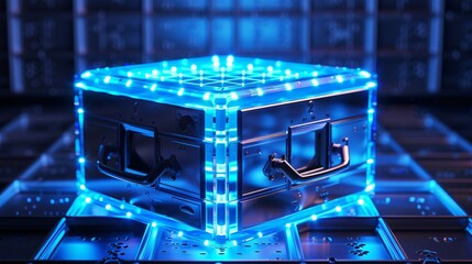 Futuristic digital safe with a blue laser grid offering an extra layer of security and a striking visual effect