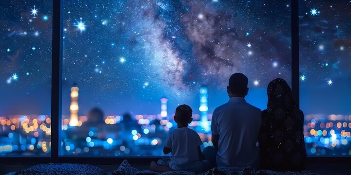 Under the starry night sky, the family enjoys the beauty of space, connecting with the vastness and wonder of the universe.