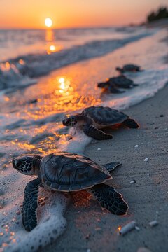 A tiny turtle crawls along a sandy beach, preparing to enter the ocean.