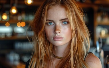 A multiracial woman with striking blue eyes and flowing blonde hair