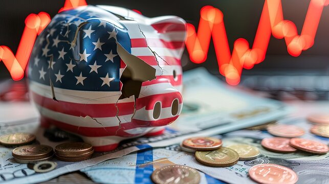 A cracked piggy bank. With skin-tone in the form of an American flag. In the background is a graph of the growth of the US national debt.