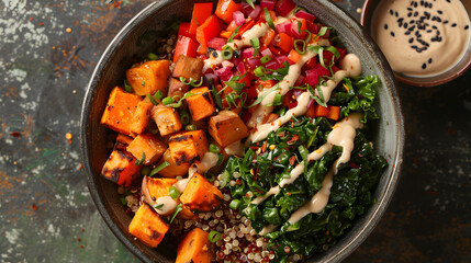 A photo featuring a nutritious breakfast bowl filled with quinoa, roasted sweet potatoes, and sautéed greens. Highlighting the colorful array of wholesome ingredients, a drizzle of tahini sauce.