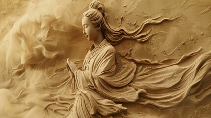 A asiatic queen woman out of sand is fading away by a sandstorm in the Desert
