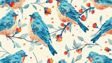 hatchings textile pattern. An enchanting textile pattern showcasing blue birds and vibrant blossoms, rendered in a charming vintage style