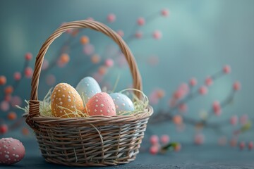 Pastel Easter basket with colorful eggs with bokeh effect and empty copy space for greeting card decoration