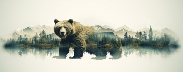 Solitary brown bear reflected in serene lake. Bear for t-shirt printing design.