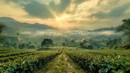 Poster Misty Morning in Strawberry Fields, Serene Hillside Farm with Sunlight, Tranquil Rural Beauty © MDRAKIBUL
