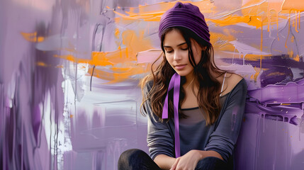 young woman with purple ribbon for epilepsy awareness concept.