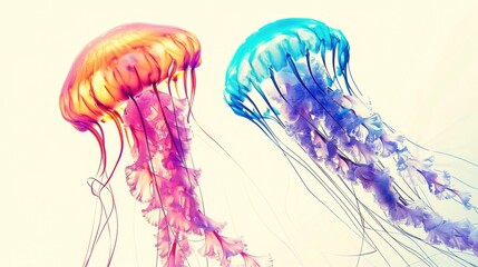 Fototapeta premium Two ethereal jellyfish, one amber and one azure, float with grace against a soft white backdrop, their tendrils trailing like delicate silk.