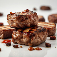 freshly grilled burger meat with spices isolated on a white background