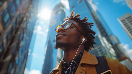 portrait of black stylish man walking on a sunny day with cell phone, wearing backpack and headset, - obrazy, fototapety, plakaty