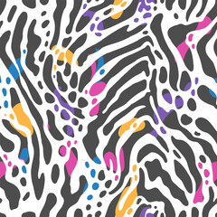 Fototapeta na wymiar Zebra print seamless pattern with color splashes.
