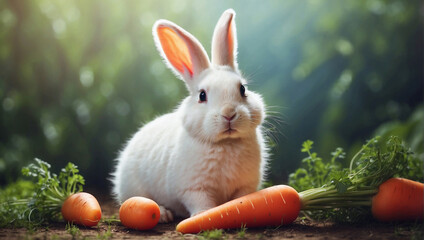 Photo cute rabbit and carrot generative ai