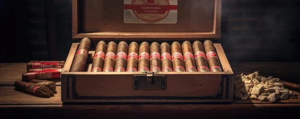 Zelfklevend Fotobehang Vintage cigars in an open wooden box © amazingfotommm