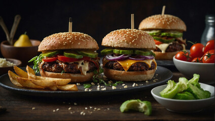 Photo front view yummy meat cheeseburger with french fries on dark background dinner burger