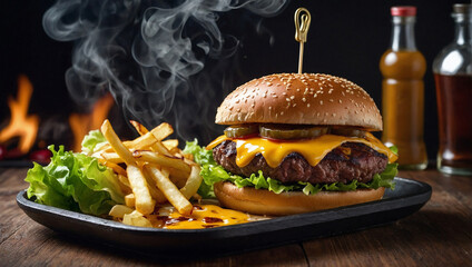 A mouth-watering scene of a sizzling plate of beef bacon and a juicy beef burger