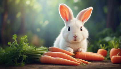 Photo cute rabbit and carrot generative ai