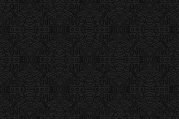 Embossed black background, cover design. Handmade. Geometric 3D pattern, doodling. Ornaments, arabesques, boho style. Traditions of the East, Asia, India, Mexico, Aztec, Peru. Current design and decor