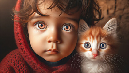 A child and a kitten with matching expressive eyes are captured side by side in a warm, close-up portrait.