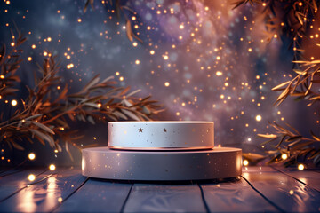 Pedestal with elements of radiance, sparkles, holography, abstraction, product photography