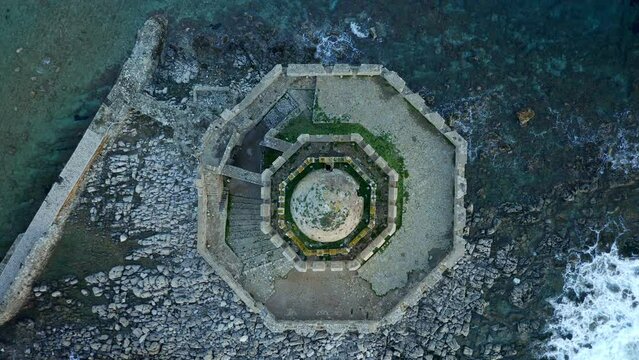 Methoni castle drone aerial top view near the mediterranean sea in Greece