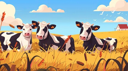 Concept banner for the cattle farm industry. A contemporary farm with Holstein cows eating hay.