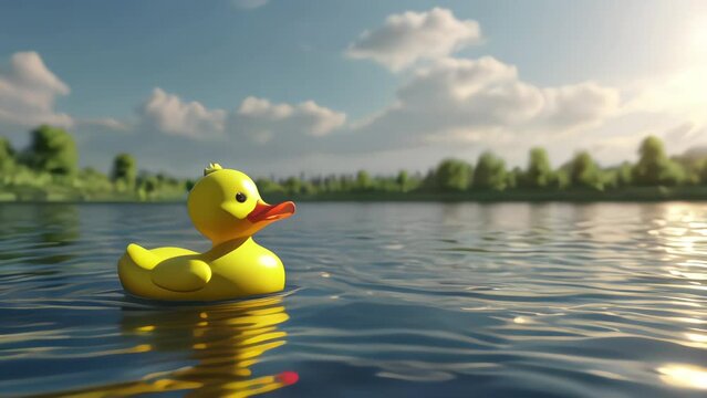 bright yellow rubber duck floating on waters with blue sky in the background.