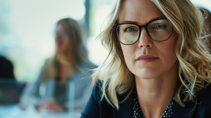 Professional woman in glasses, analytical and focused amidst a corporate meeting.