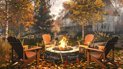 Fototapeta na wymiar Adirondack chairs and a fire pit make for a cozy garden in fall.