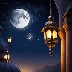 Fototapeta na wymiar Ramadan Kareem Background Blue Greeting Card for Muslim Holiday Ramadan with Moon Gold Star Lantern.