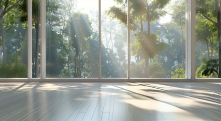 Sunlight Streaming Through Trees in Empty Room