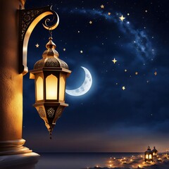 Fototapeta na wymiar Ramadan Kareem Background Blue Greeting Card for Muslim Holiday Ramadan with Moon Gold Star Lantern.