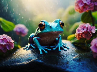 雨とカエルとアジサイ