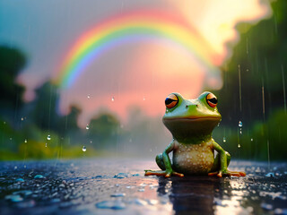 雨とカエルと虹 - obrazy, fototapety, plakaty