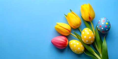 Fototapeta na wymiar A Beautiful Easter Card With Eggs and Tulips