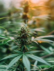 Fototapeta premium An up-close view of a flowering cannabis plant, with sunlight filtering through, evoking the natural beauty and intricacy of the plant.