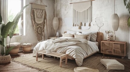 Boho Chic Bedroom Featuring Macrame Details AI Generated.