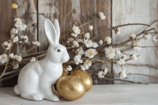 Easter composition. Easter card with Easter bunny, flowering branch and golden eggs on a rustic table.
