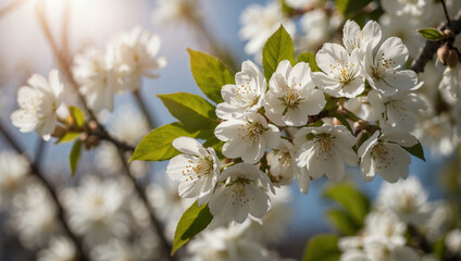 Blühender Baum mit weißen Blüten im Frühlingssonnenschein - obrazy, fototapety, plakaty