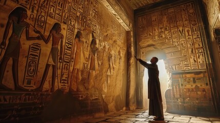 Archaeologists study ancient inscriptions in an Egyptian temple. Egyptologists analyze old writings and drawings. Mysteries of Egypt. Man read hieroglyphs in the pyramid or tomb. Historical discovery. - obrazy, fototapety, plakaty