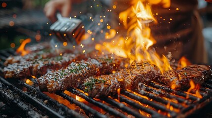 Person Grilling Steaks on Grill With Flames