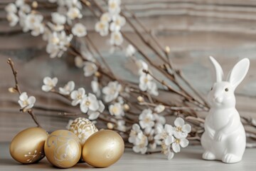 Naklejka na ściany i meble Easter composition. Easter card with Easter bunny, flowering branch and golden eggs on a rustic table.