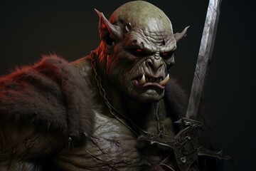 Feral Green orc character. Skin scary ogre. Generate Ai