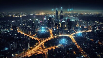 Fototapeta na wymiar Business strategy in action: Top view of businessman leveraging modern technology with digital layer effects. Cityscape at night symbolizing wireless network and connection technology.