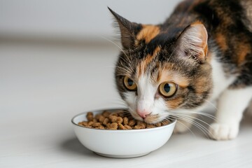 A cat with a bowl of food with shiny eyes, on a white background