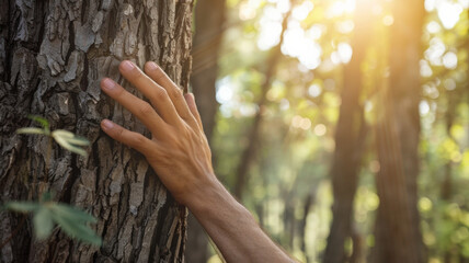 Human hand touching tree trunk in sunlit forest.